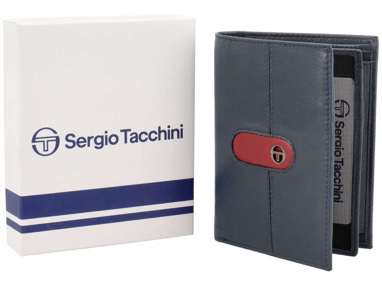 Portafoglio da uomo in pelle blu con inserto bordeaux, 12,5x9,5 cm - Sergio Tacchini