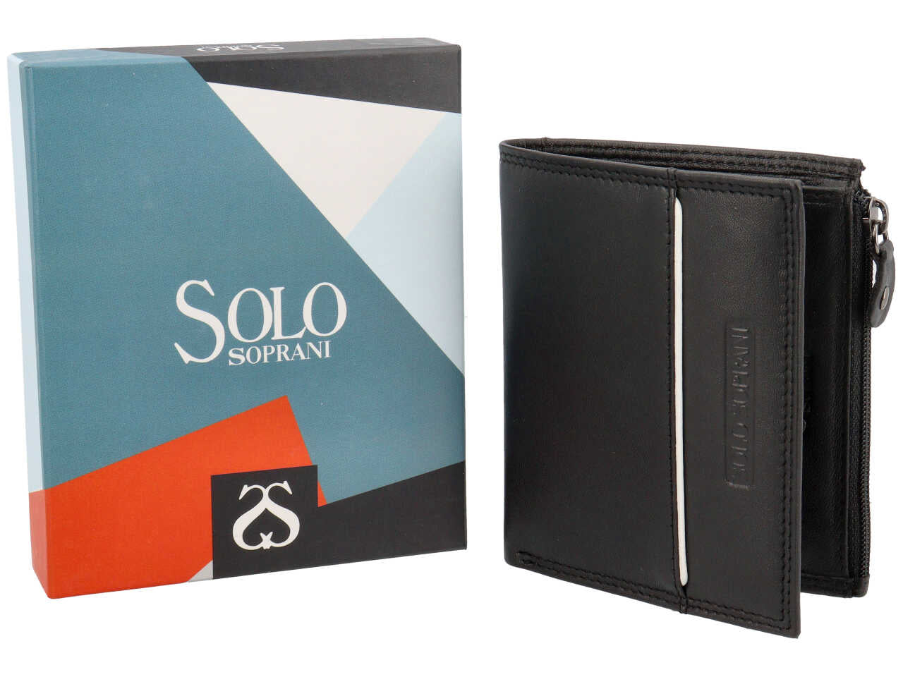 Portafoglio da uomo in pelle nero con portamonete laterale e inserto bianco, 8x13 cm - Solo Soprani