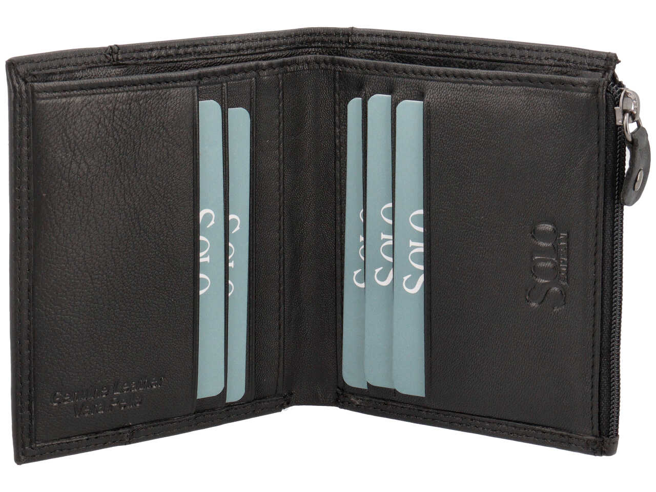 Portafoglio da uomo in pelle nero con portamonete laterale e inserto bianco, 8x13 cm - Solo Soprani