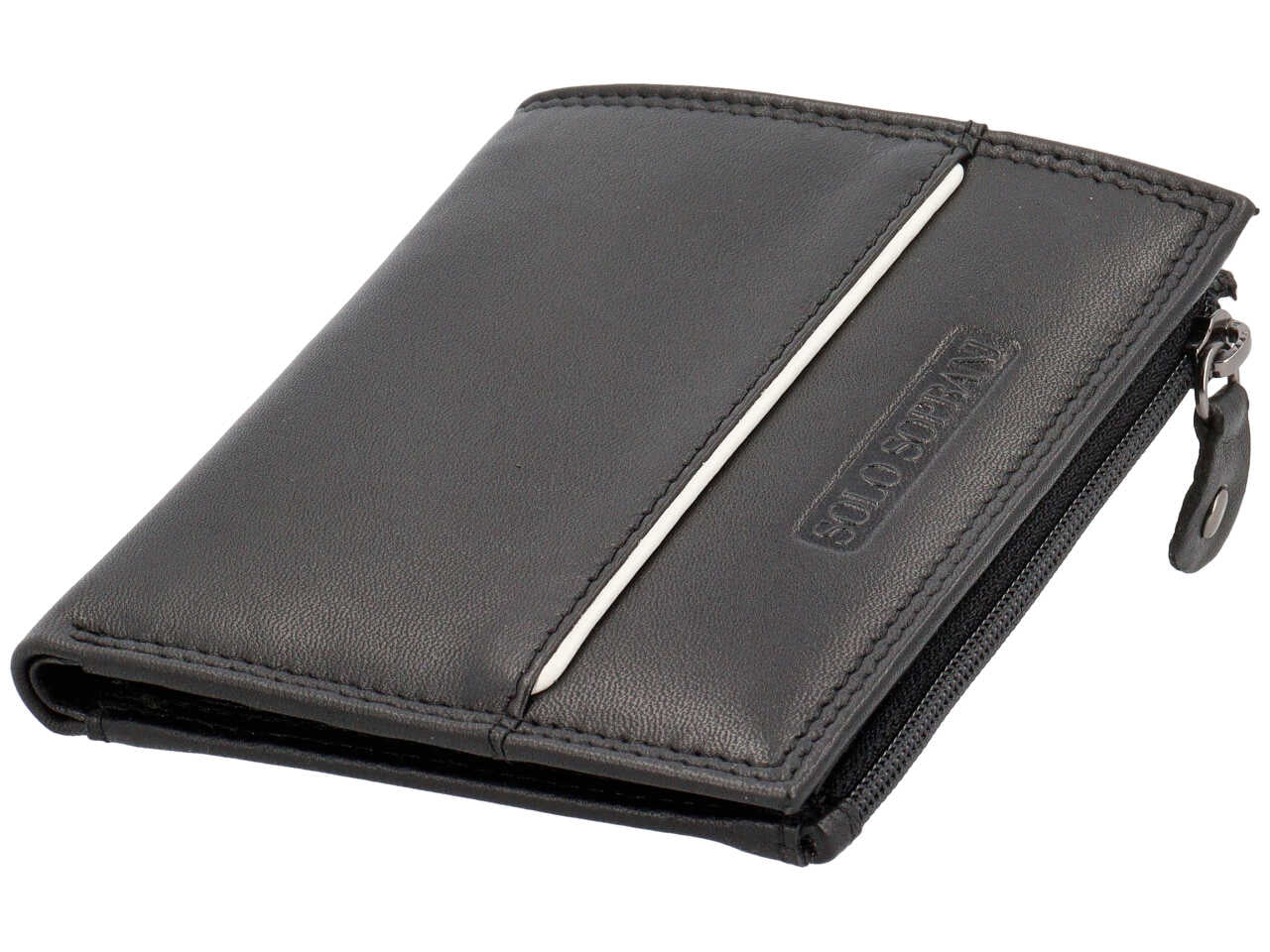 Portafoglio da uomo in pelle nero con portamonete laterale e inserto bianco, 8x13 cm - Solo Soprani