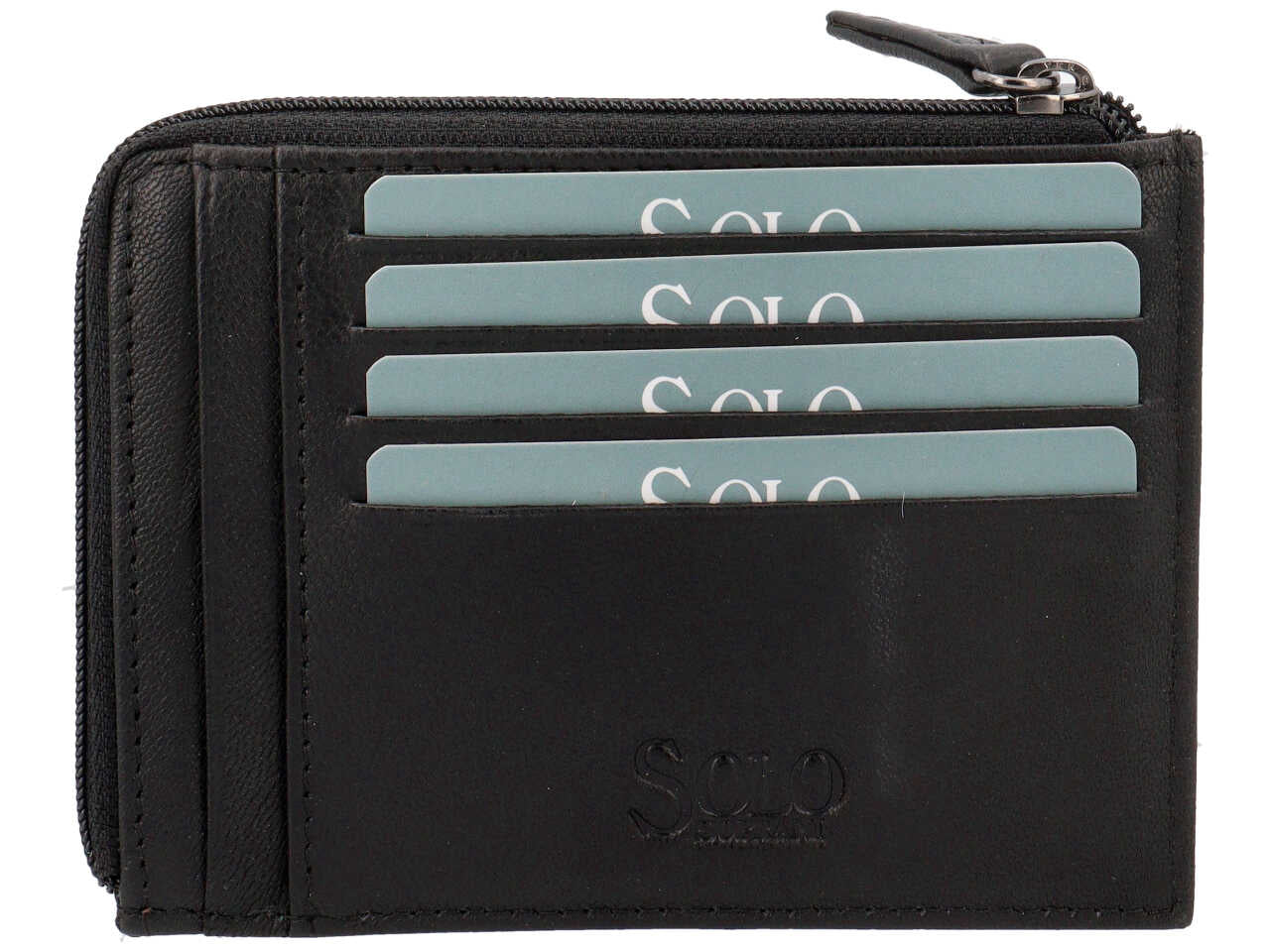 Portacarte da uomo in pelle martellata nero con inserto blu e portamonete, 9x12 cm - Solo Soprani