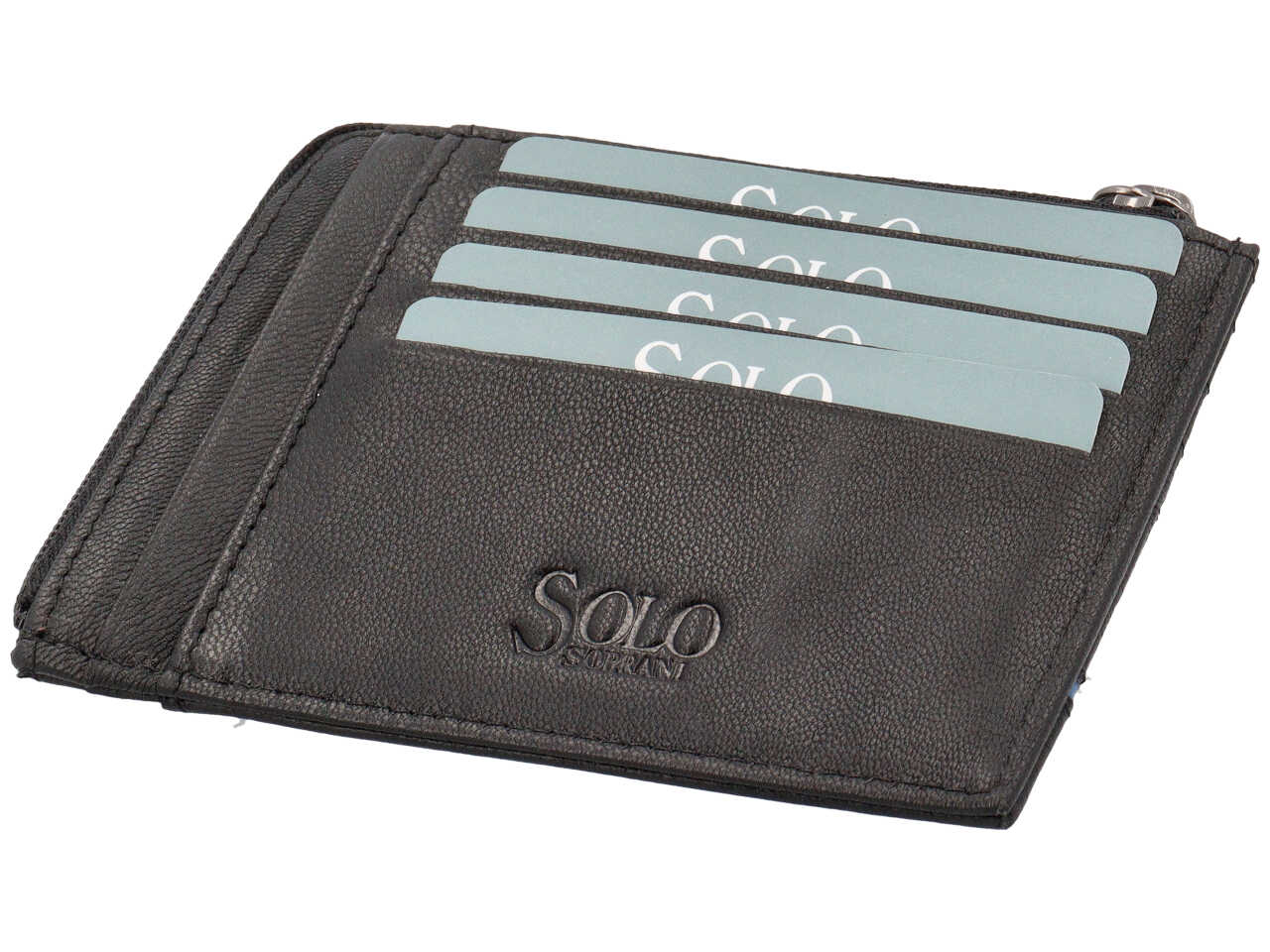 Portacarte da uomo in pelle martellata nero con inserto blu e portamonete, 9x12 cm - Solo Soprani