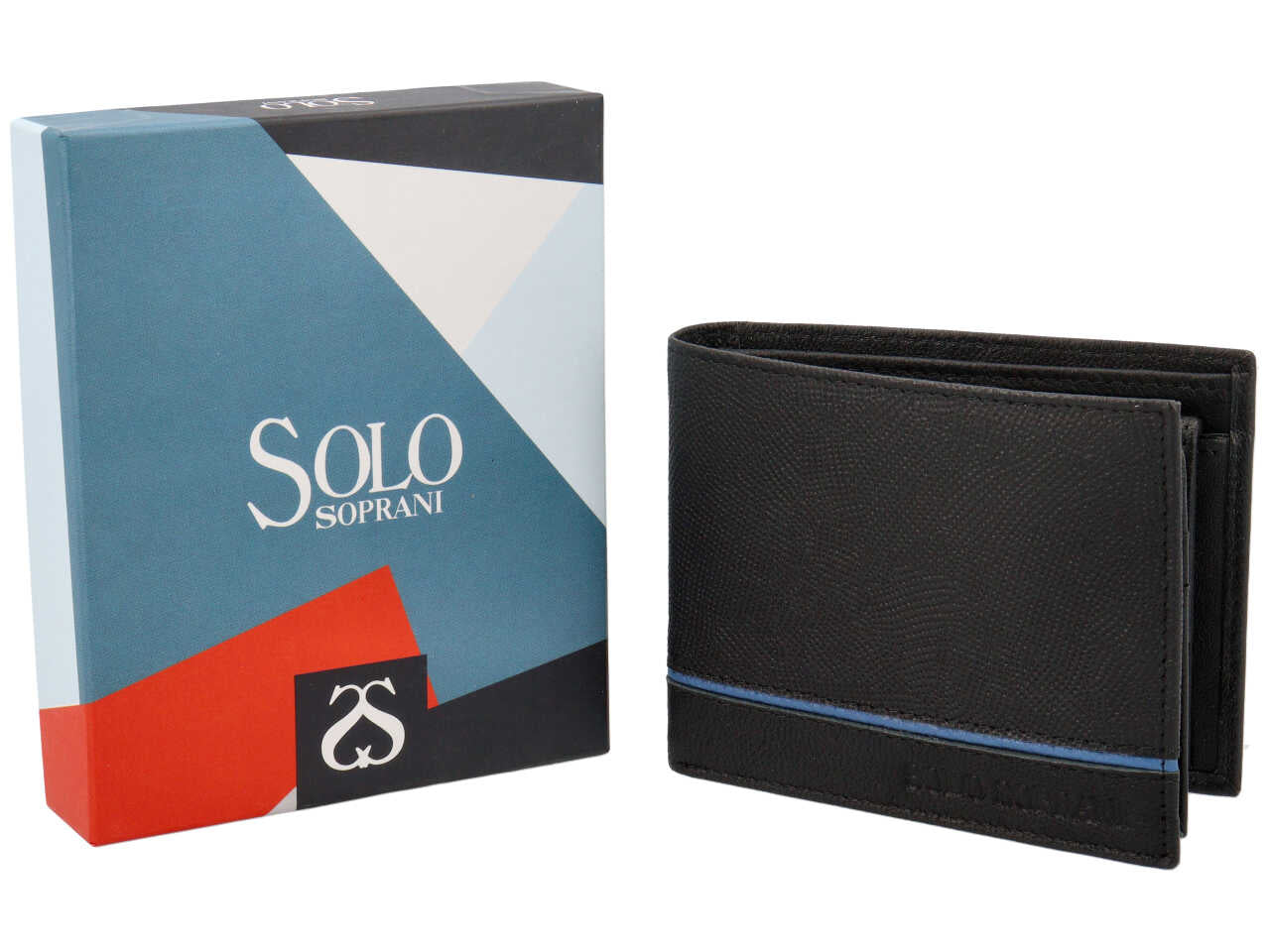 Portafoglio da uomo in pelle martellata nero con inserto blu e portamonete, 9x11,5 cm - Solo Soprani