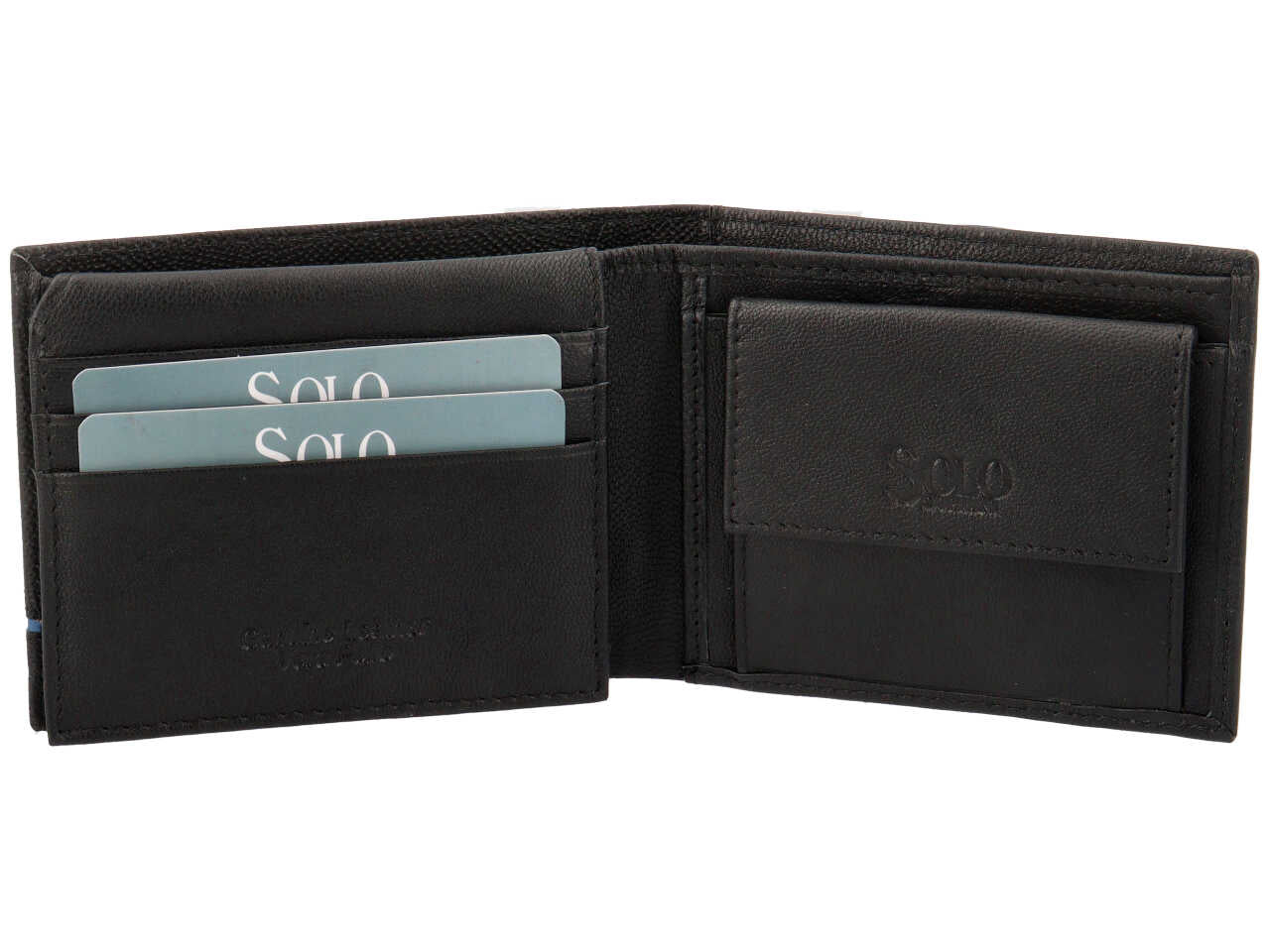 Portafoglio da uomo in pelle martellata nero con inserto blu e portamonete, 9x11,5 cm - Solo Soprani