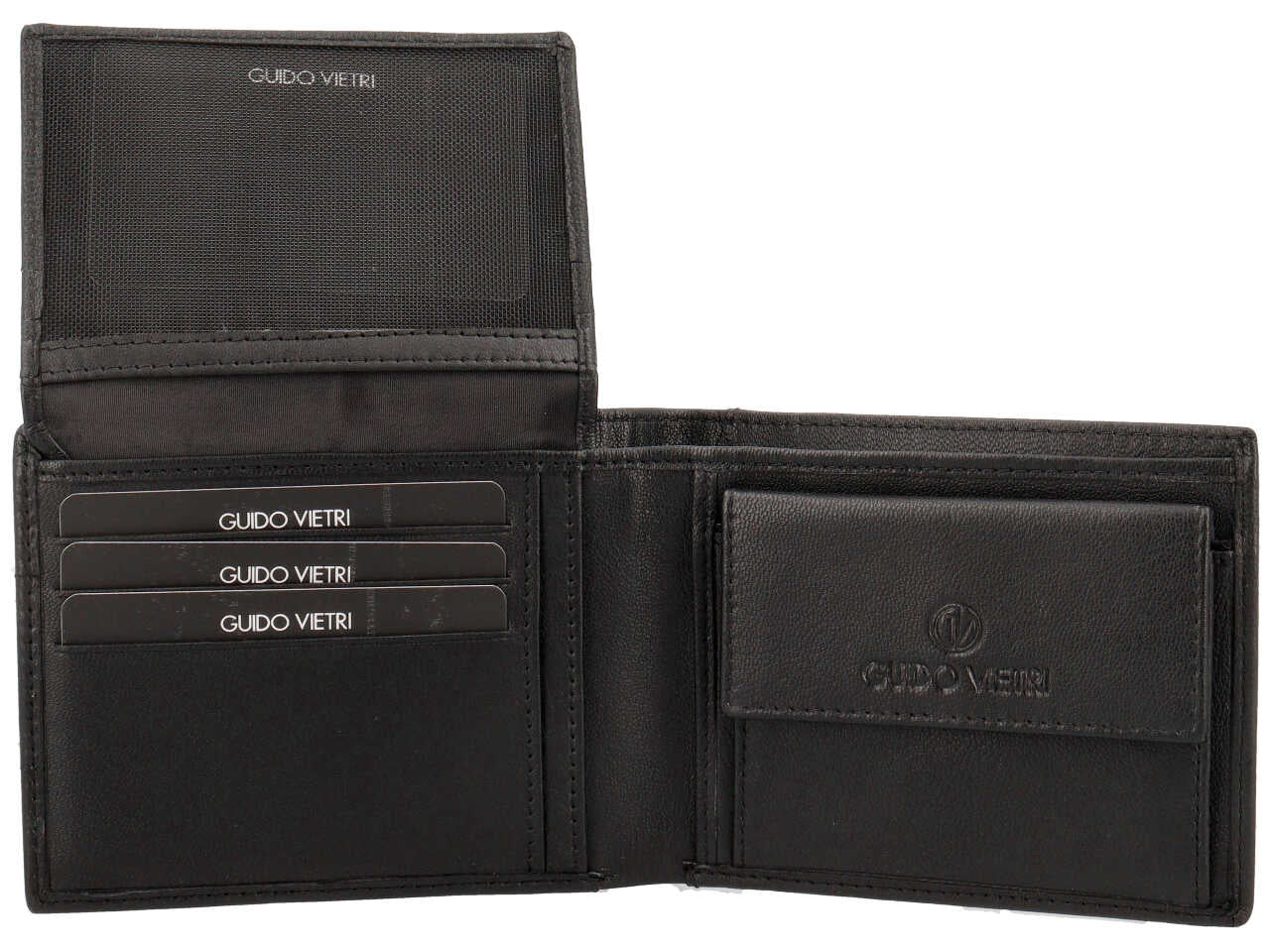 Portafoglio da uomo in pelle nero con portamonete e fascia con decoro puntinato, 9,5x12,5x2 cm - Guido Vietri