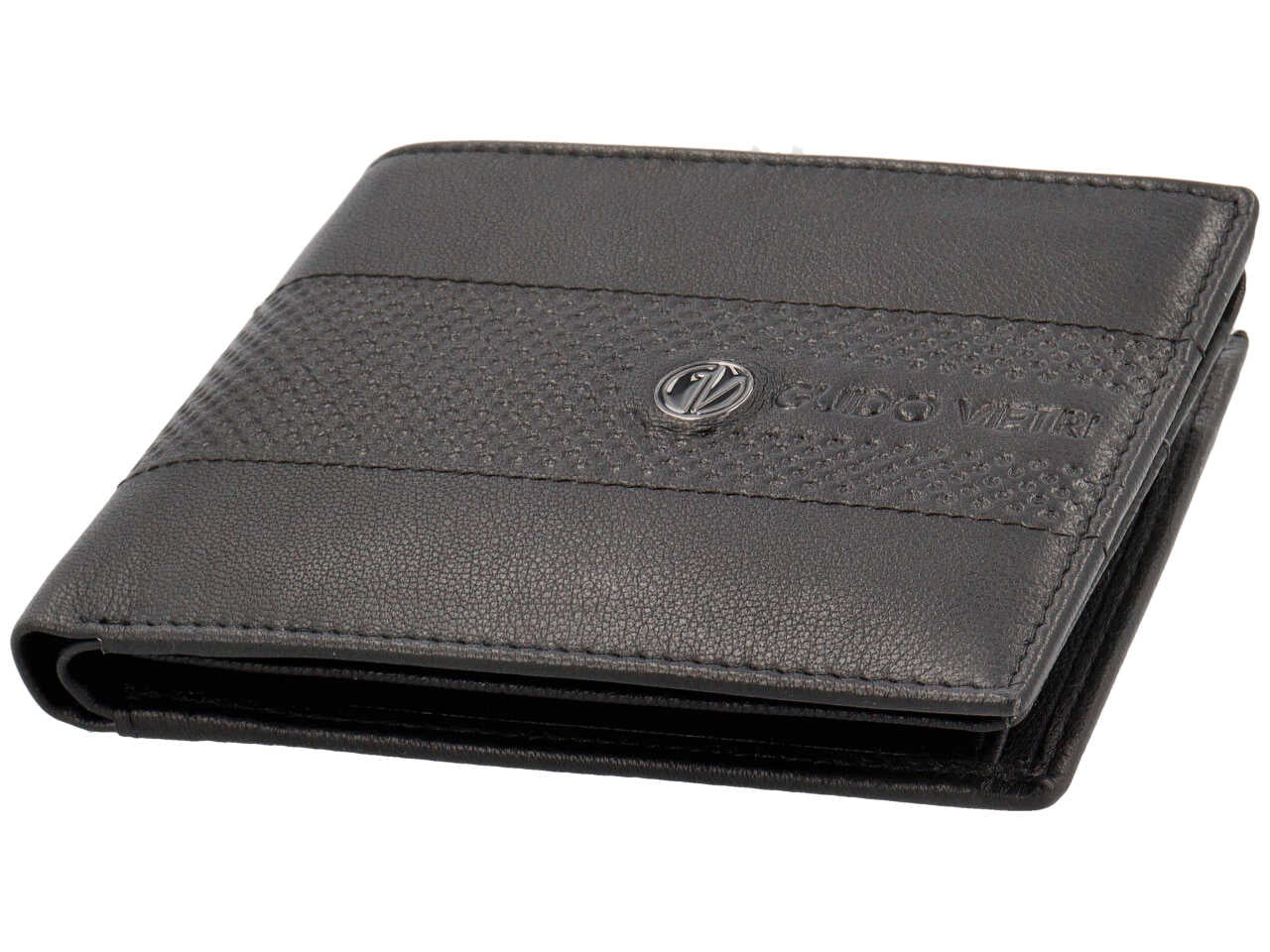 Portafoglio da uomo in pelle nero con portamonete e fascia con decoro puntinato, 9,5x12,5x2 cm - Guido Vietri