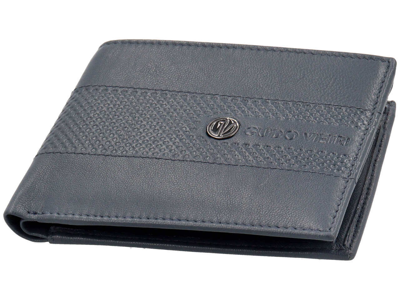 Portafoglio da uomo in pelle blu con portamonete e fascia con decoro puntinato, 9,5x12,5x2 cm - Guido Vietri