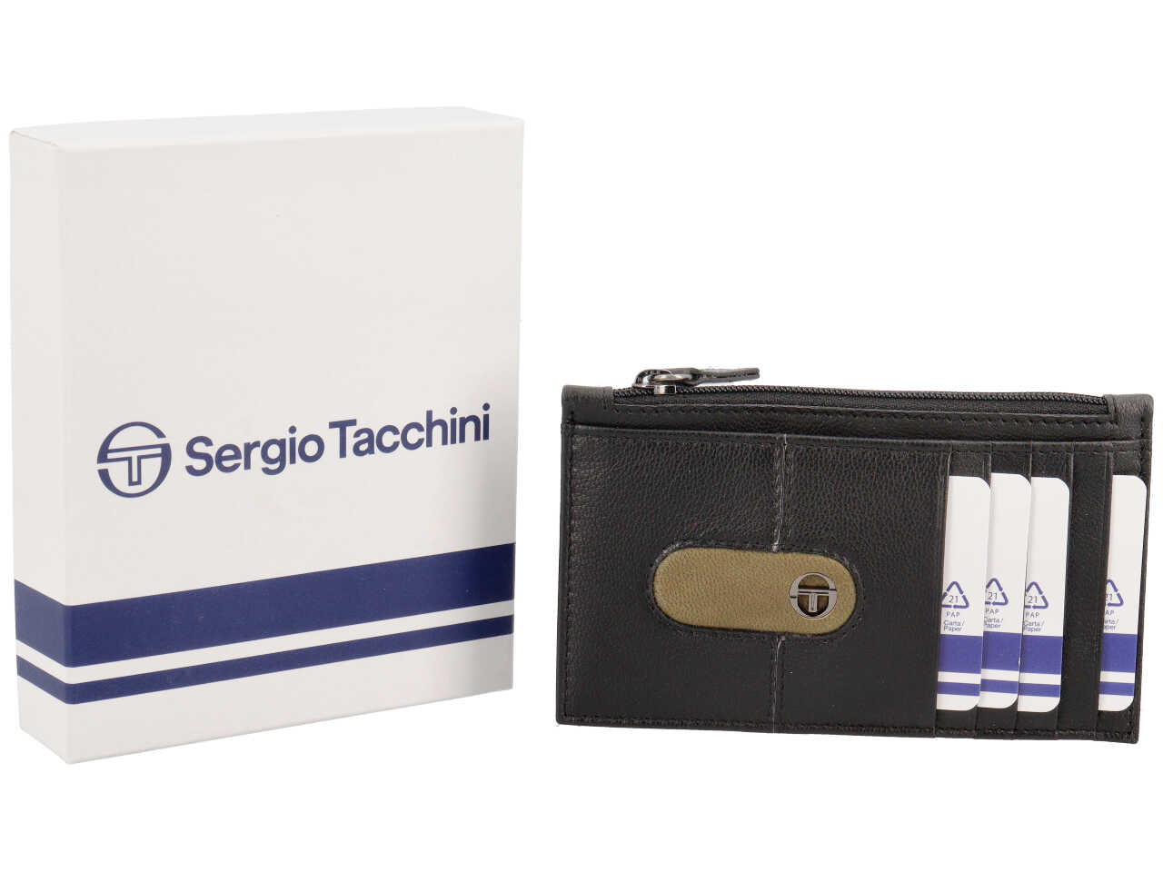 Portacarte da uomo in pelle nero con inserto verde oliva, 8x13 cm - Sergio Tacchini