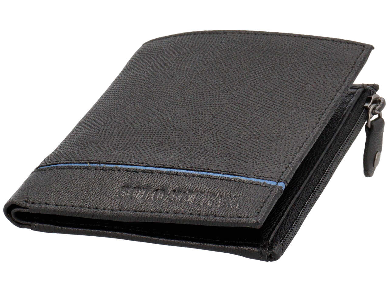 Portafoglio da uomo in pelle martellata nero con inserto blu, chiusura a libro e portamonete laterale, 11x9.5x1.5 cm - Solo Soprani