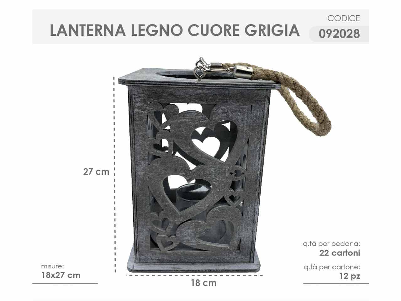 Lanterna legno 18x27cm cuore grigia 092028