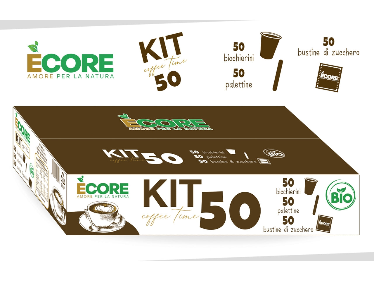 Kit caffe` con 50 palette in bamboo, 50 bustine di zucchero e 50 bicchierini da caffe'$