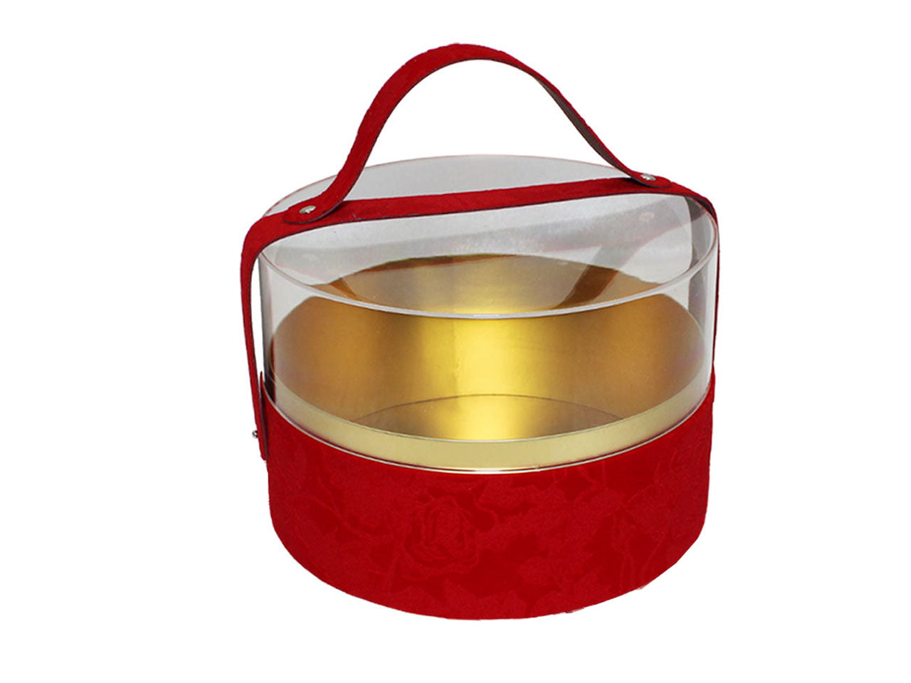 Scatola regalo natalizia rotonda in plastica e tessuto vellutato rosso 21x21x14 cm - FGF
