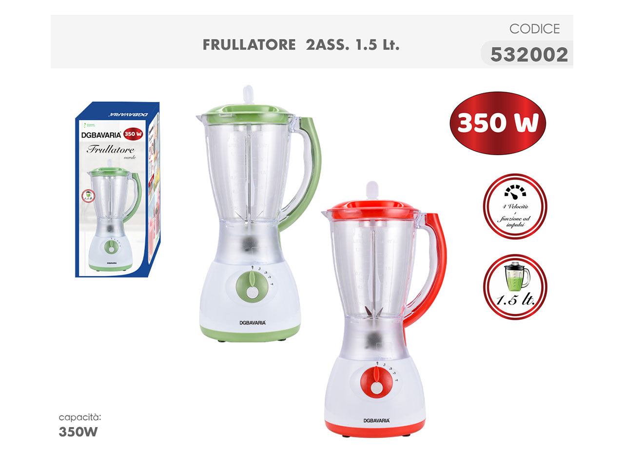 Frullatore in plastica e acciaio in verde e rosso da 1,5 litri - Casalinghi del Giudice