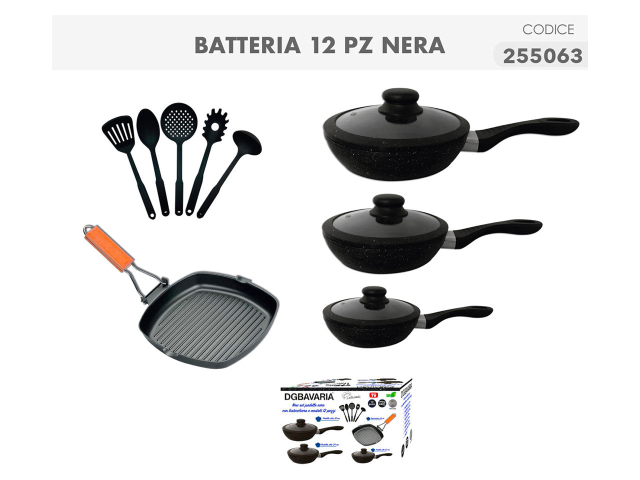 Set di padelle, bistecchiera e mestoli neri 12 pezzi con manico in gomma antiscivolo - Casalinghi del Giudice