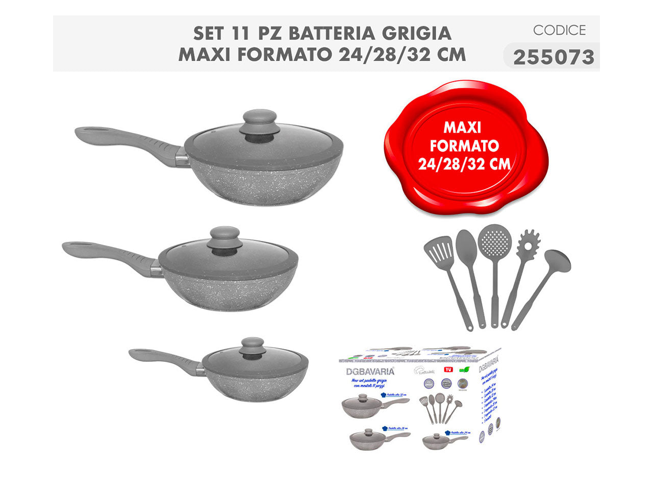 Set di padelle e mestoli da 11 pezzi grigi per induzione con manico in gomma antiscivolo - Casalinghi del Giudice