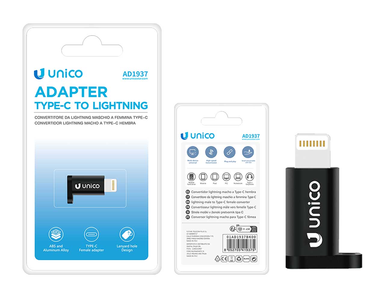 Adattatore da maschio lightning a femmina type-c, 5v/2a, nero in abs, AD1937 - Unico