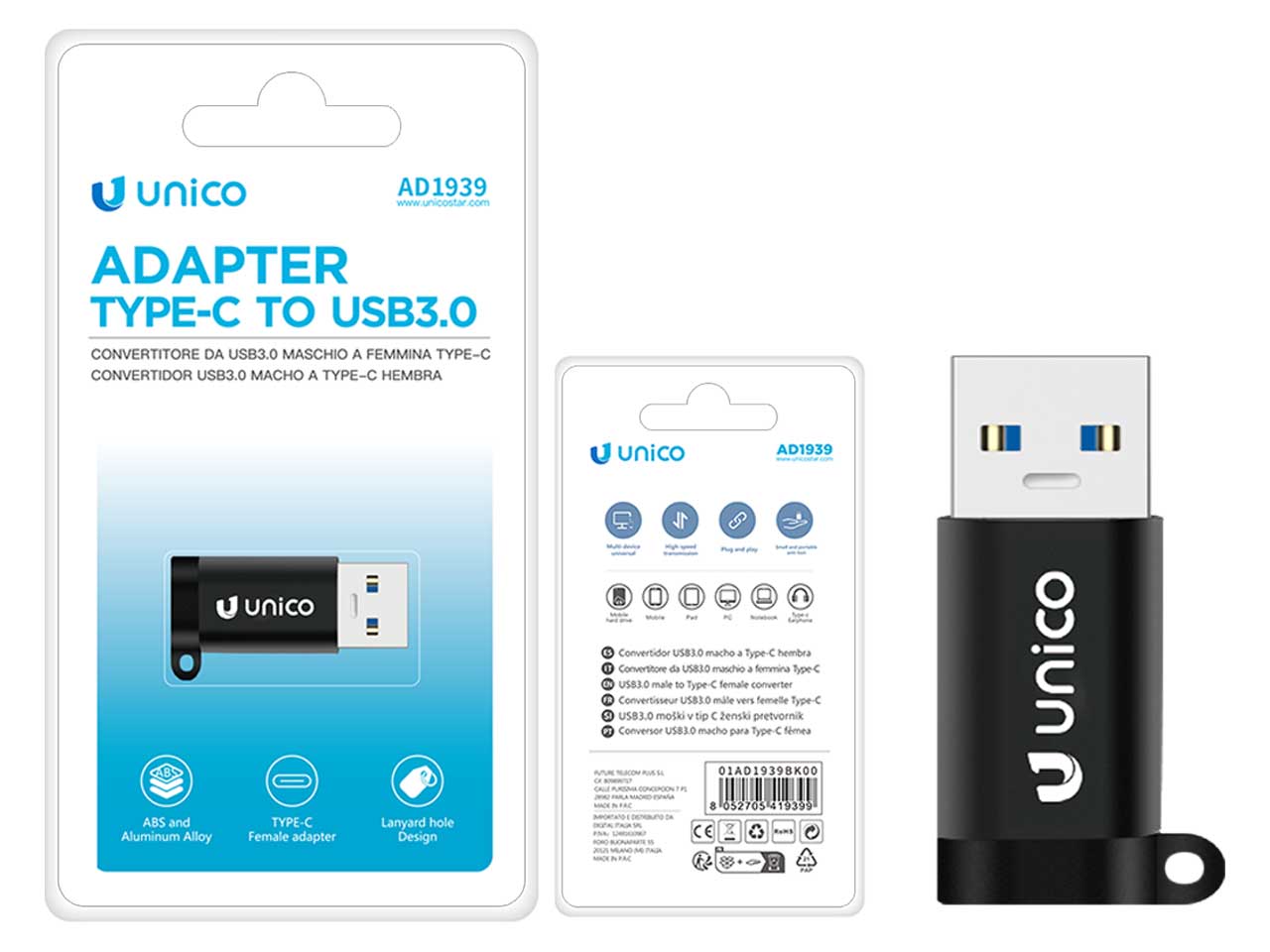 Adattatore usb 3.0 maschio a type-c femmina, 5v/2a, plastica e lega di alluminio, nero