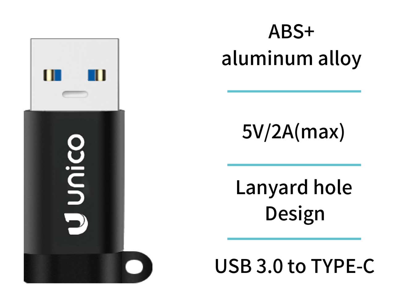Adattatore usb 3.0 maschio a type-c femmina, 5v/2a, plastica e lega di alluminio, nero