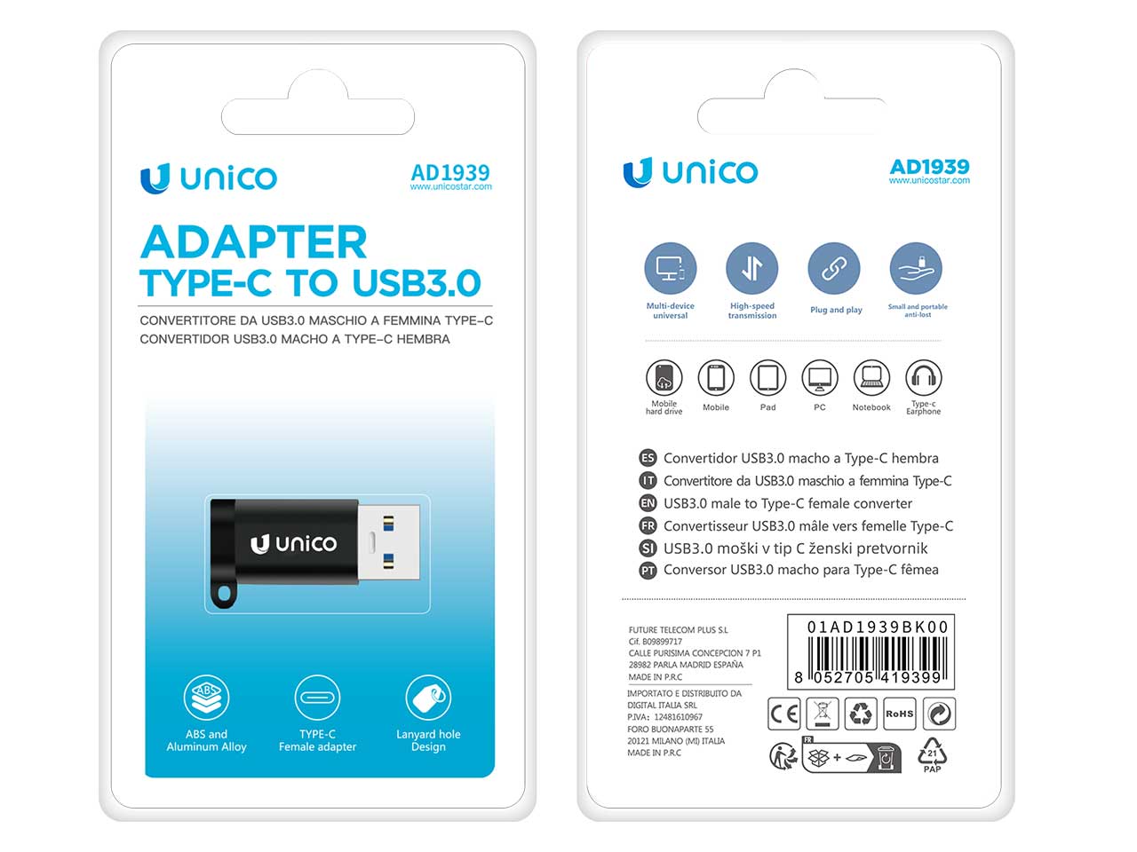 Adattatore usb 3.0 maschio a type-c femmina, 5v/2a, plastica e lega di alluminio, nero