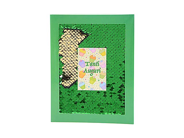Biglietto auguri con scritta tanti auguri, disegno cupcake e paillettes