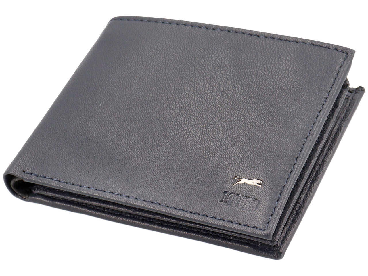Portafoglio da uomo in pelle blu notte, doppia patta e portamonete, 11x12 cm -Jaguar