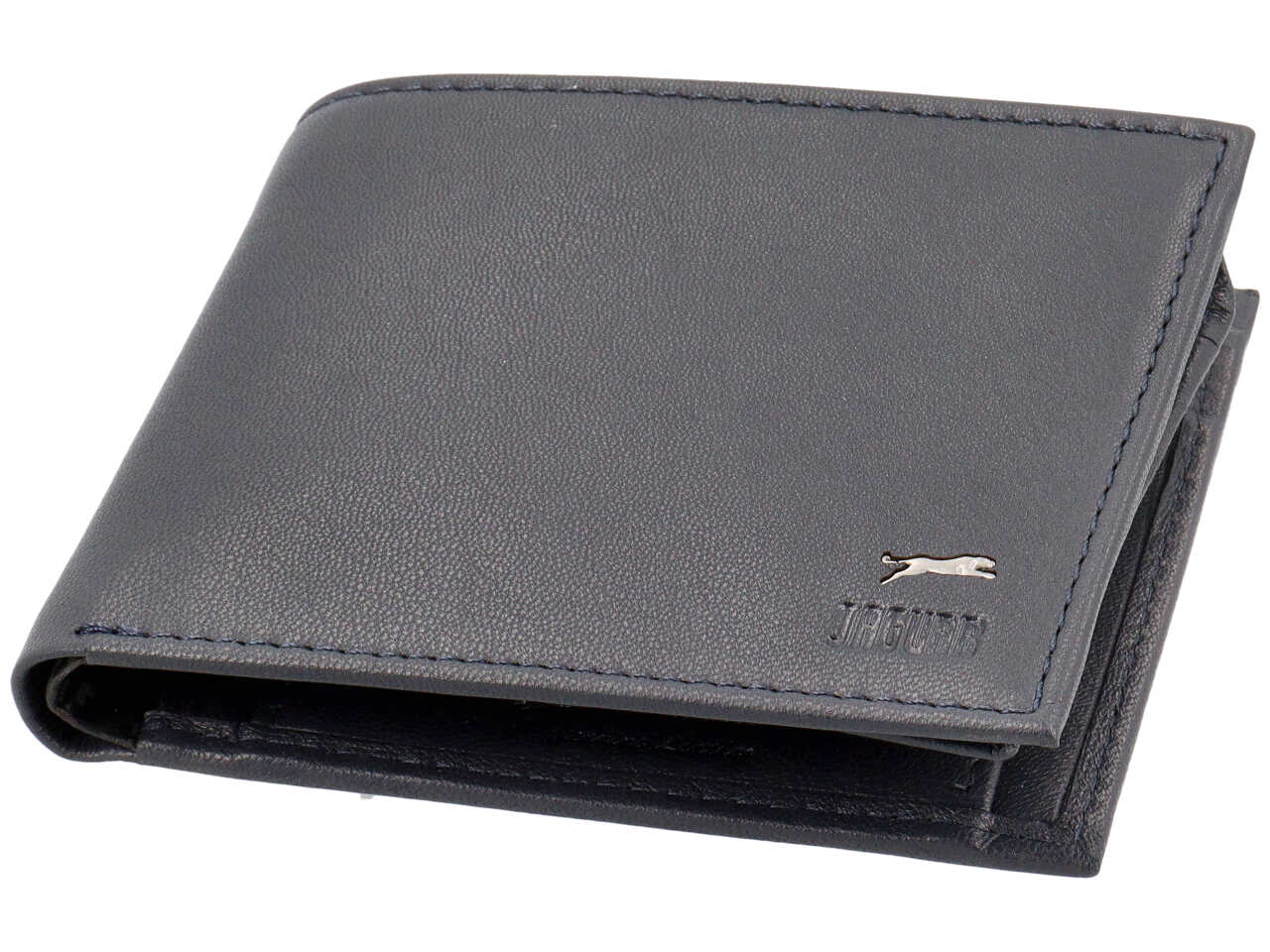 Portafoglio da uomo in nappa blu notte, doppia patta e portamonete, 11x9 cm -Jaguar
