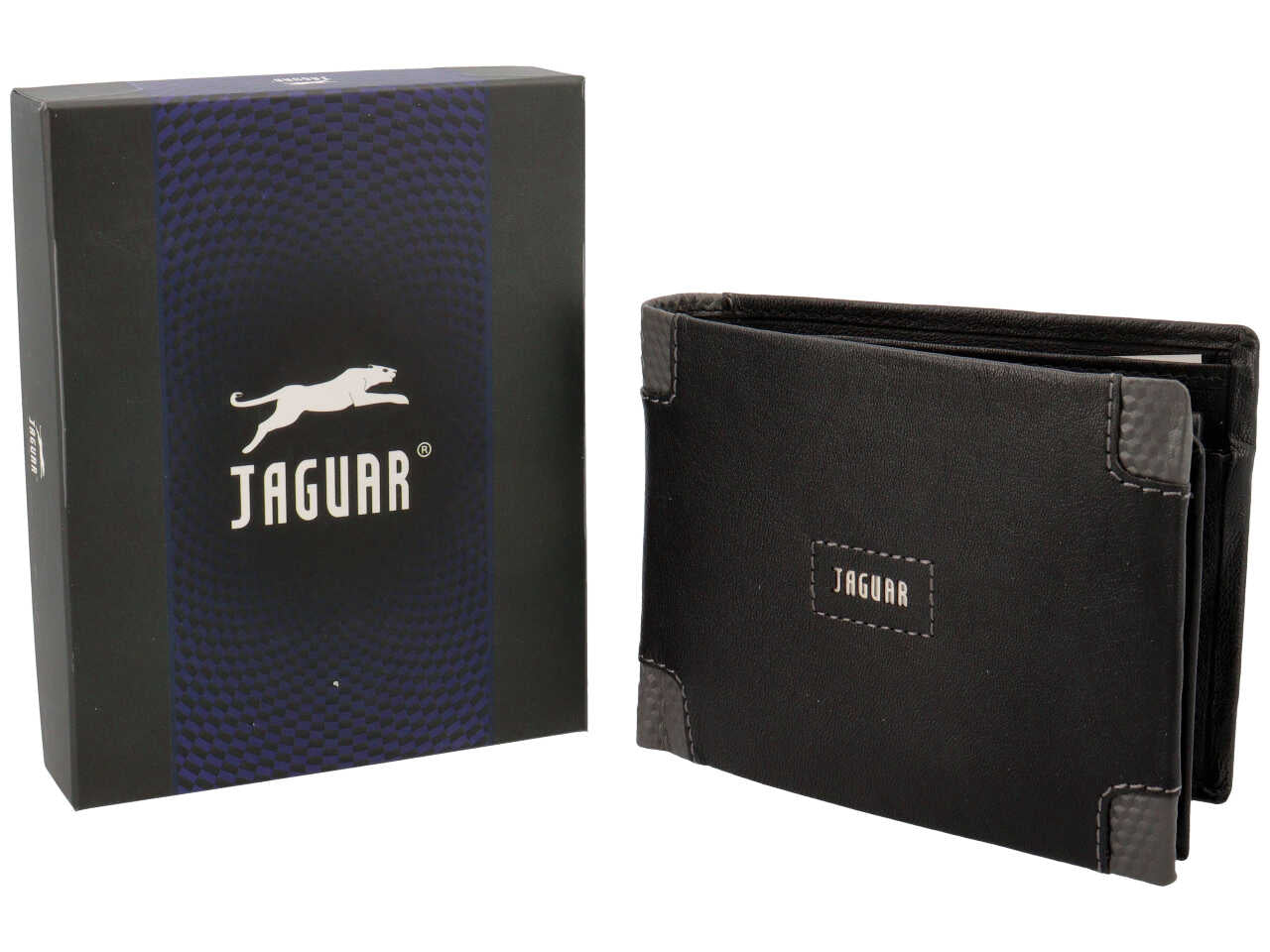 Portafoglio uomo jaguar doppia patta piu' moneta in vera pelle colore nero 11x6,5cm