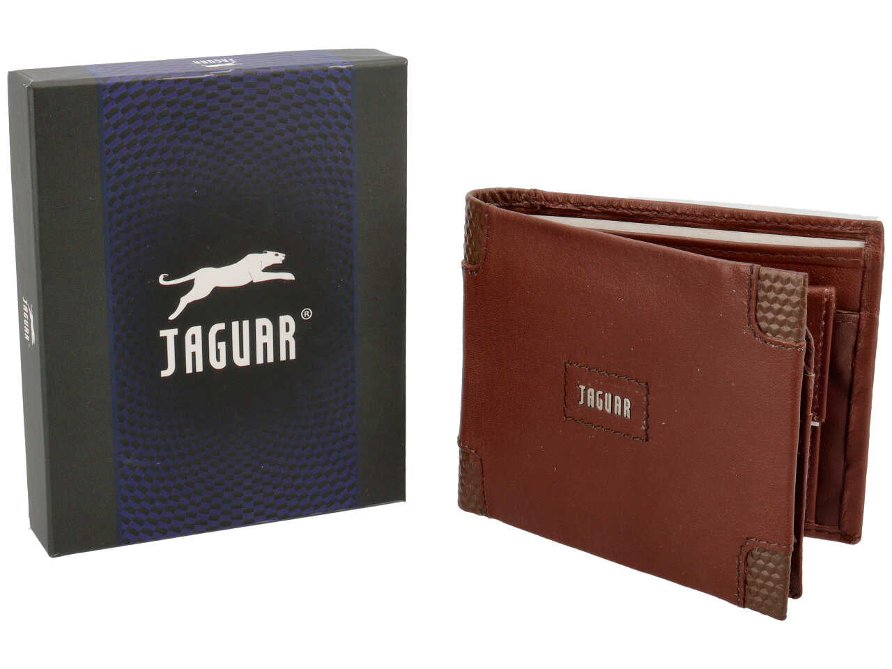 Portafoglio uomo jaguar doppia patta piu' moneta piccolo in vera pelle colore tabacco 11x9cm