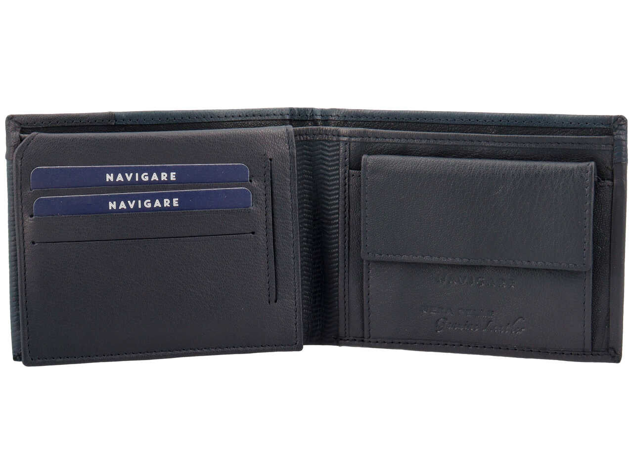 Portafoglio navigare da uomo doppia patta piu' moneta in vera pelle nappa piu' oil stampato misura 11x6,5cm colore blu notte