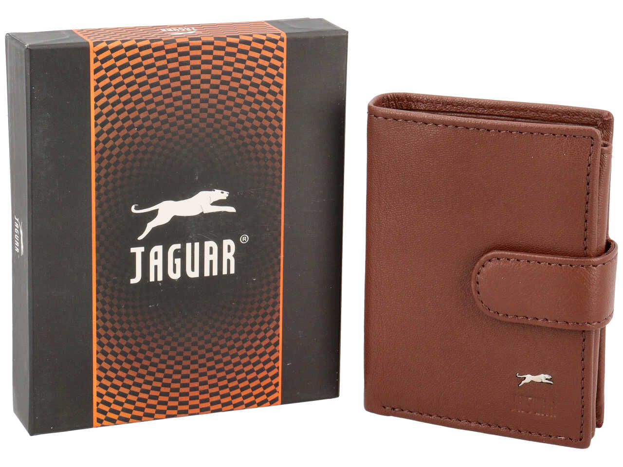 Portafoglio da uomo in pelle marrone con chiusura a bottone, 10x8 cm - Jaguar