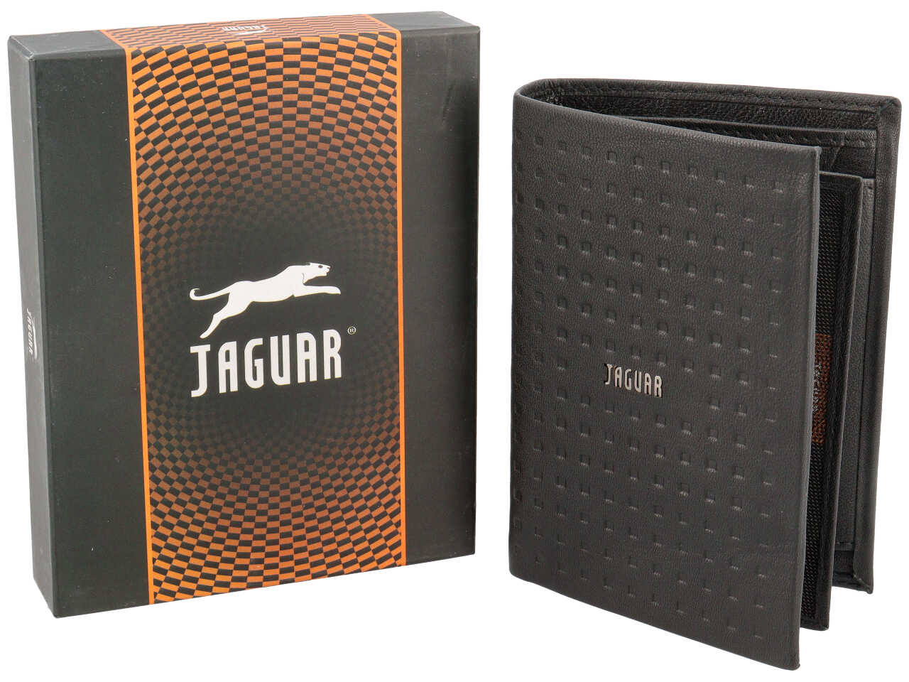 Portafoglio da uomo in pelle nero con motivo a quadri, chiusura a libro, 9,5x13 cm - Jaguar