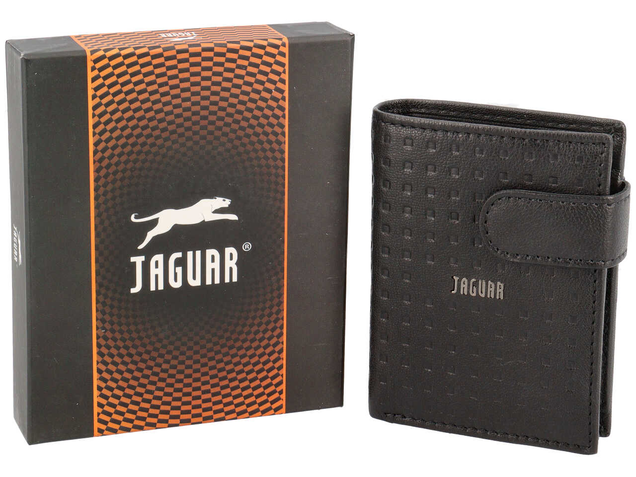 Portafoglio da uomo in pelle stampata nero, scomparti per carte, e portamonete con chiusura a bottoncino, 8x10 cm - Jaguar