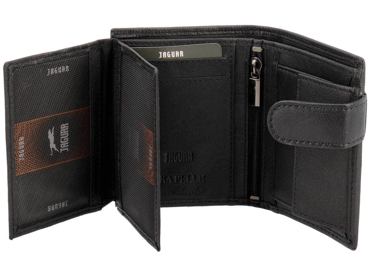 Portafoglio da uomo in pelle stampata nero, scomparti per carte, e portamonete con chiusura a bottoncino, 8x10 cm - Jaguar