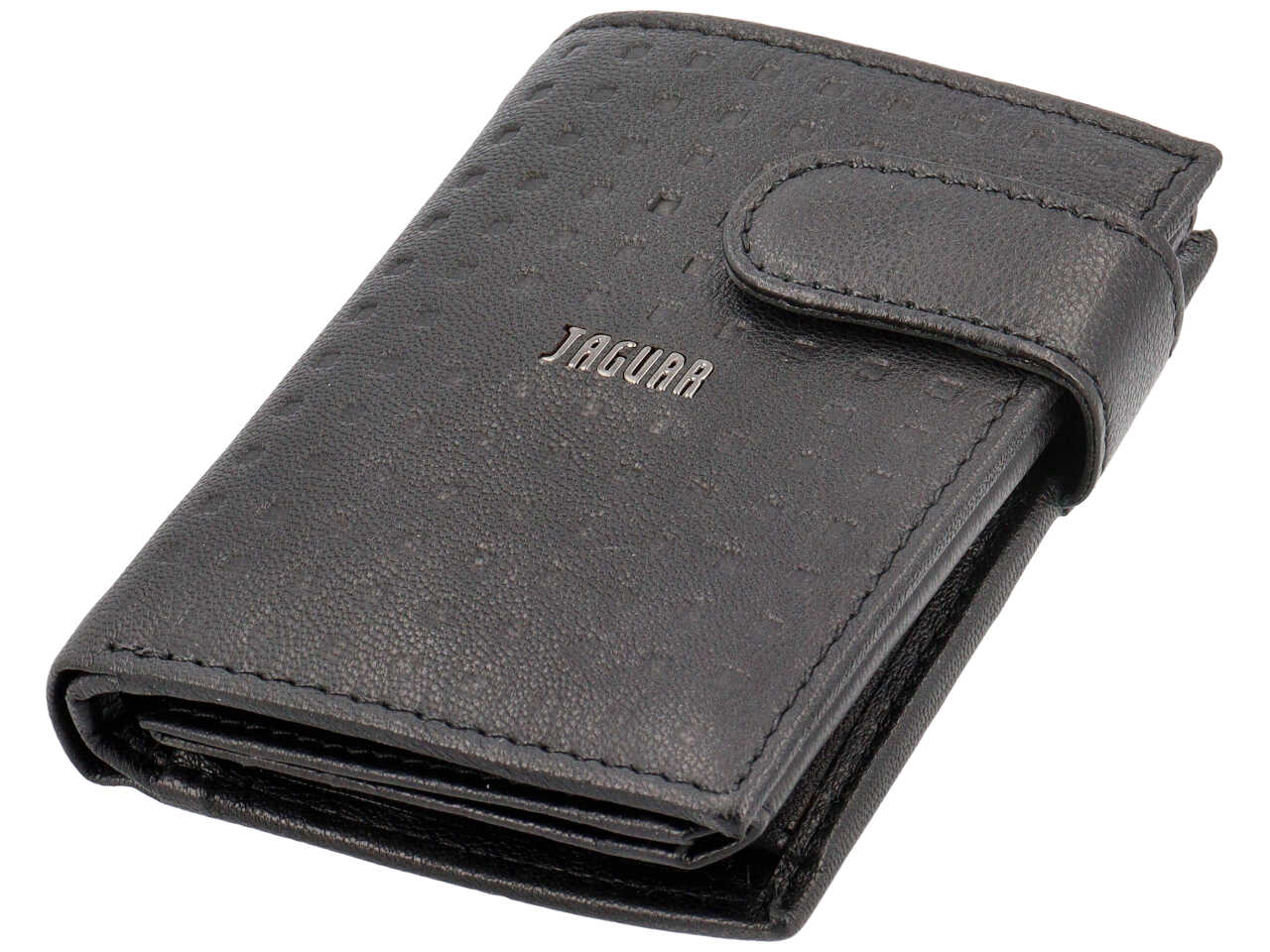 Portafoglio da uomo in pelle stampata nero, scomparti per carte, e portamonete con chiusura a bottoncino, 8x10 cm - Jaguar