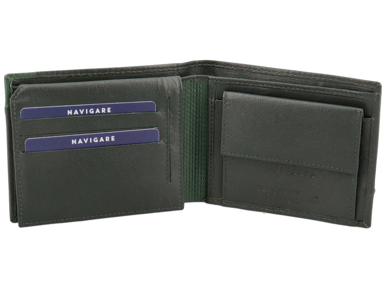 Portafoglio da uomo in pelle verde abete con portamonete e inserto decorato laterale, 10x12,5cm - Navigare