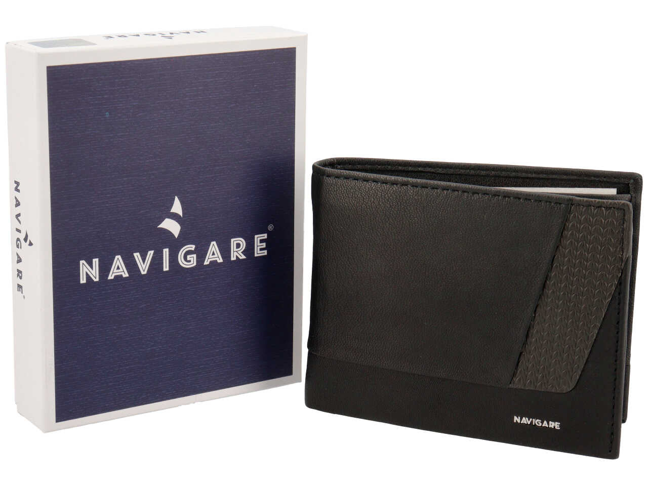 Portafoglio da uomo in pelle nero con portamonete e inserto decorato laterale, 10x12,5cm - Navigare