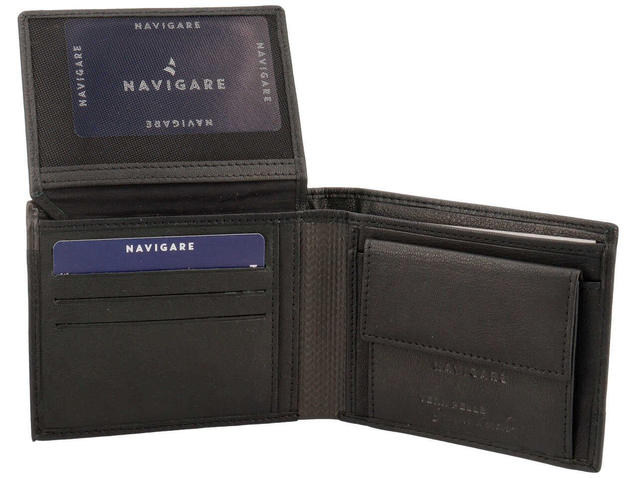 Portafoglio da uomo in pelle nero con portamonete e inserto decorato laterale, 10x12,5cm - Navigare