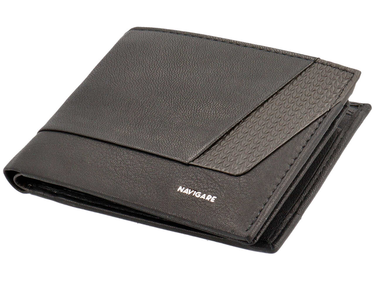 Portafoglio da uomo in pelle nero con portamonete e inserto decorato laterale, 10x12,5cm - Navigare