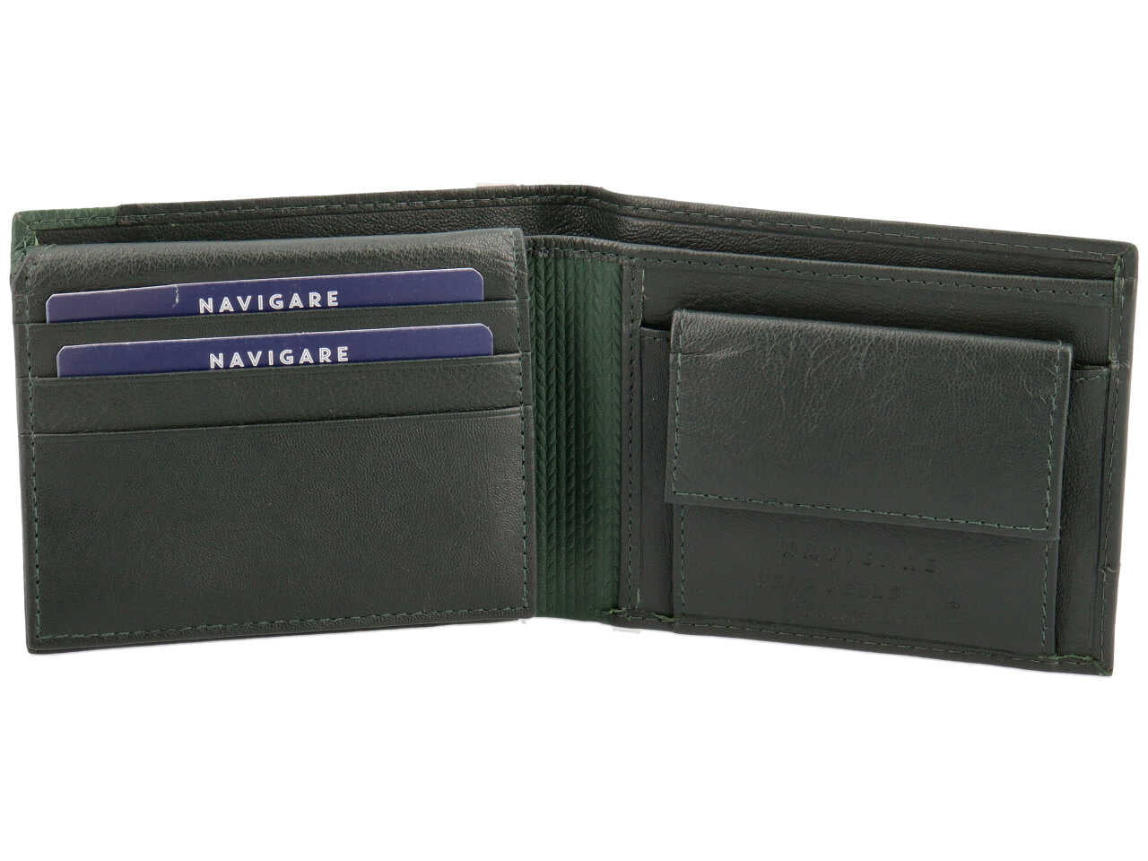 Portafoglio da uomo in pelle bicolore verde abete con inserto decorato, 11x9 cm - Navigare