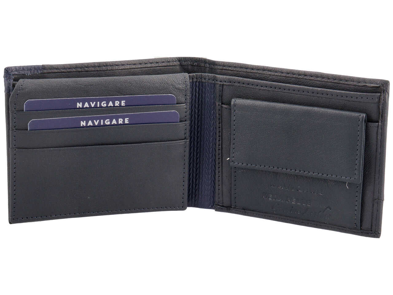 Portafoglio da uomo in pelle bicolore blu scuro con inserto decorato, 11x9 cm - Navigare