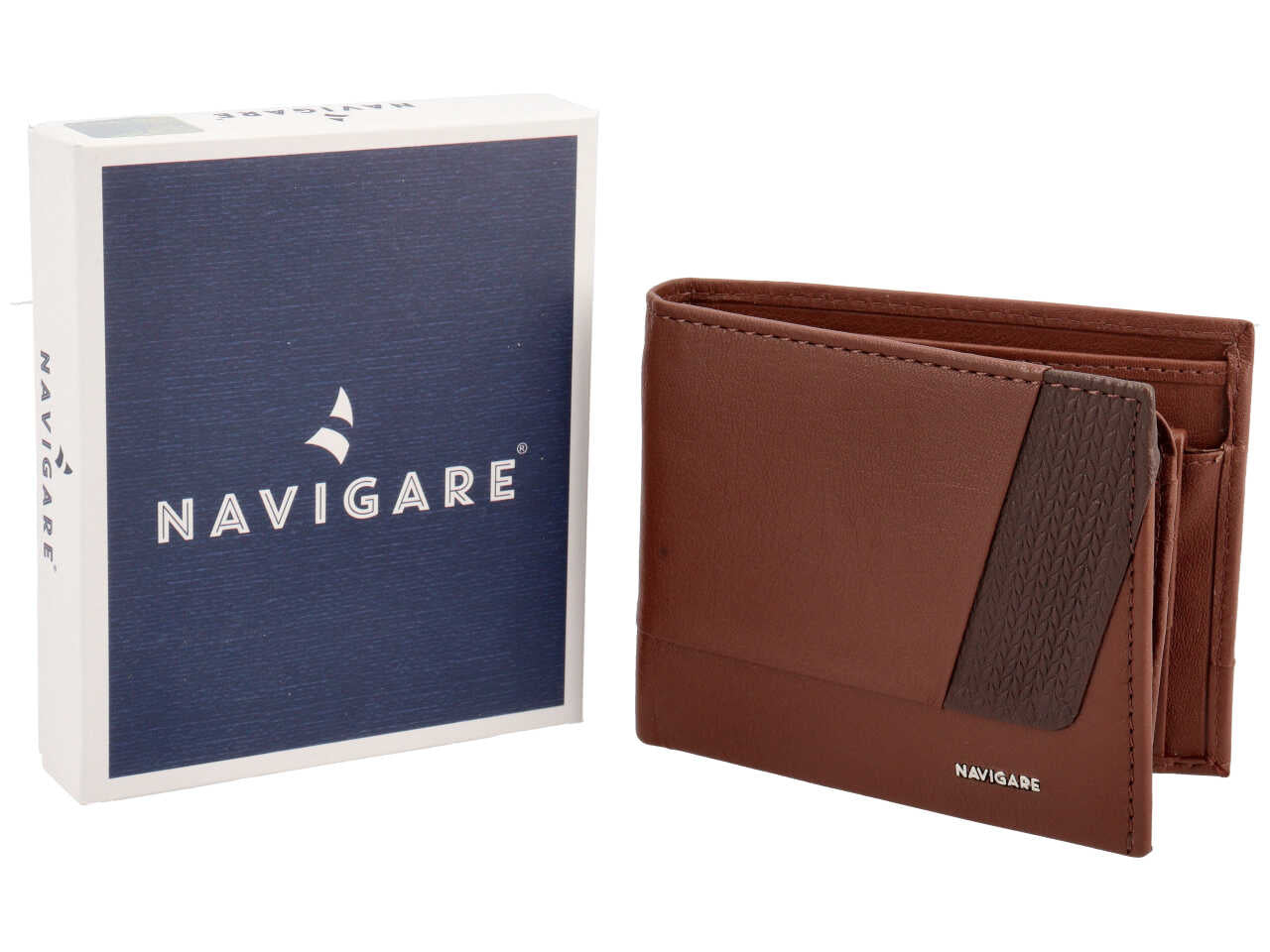 Portafoglio da uomo in pelle bicolore marrone con inserto decorato, 11x9 cm - Navigare