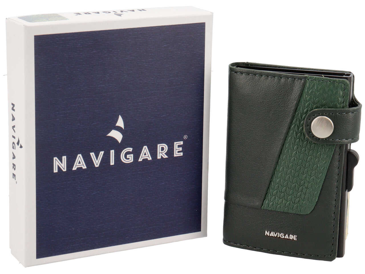 Portacarte rigido da uomo in pelle verde abete con bottone e inserto decorato, anticlonazione, contiene fino a 6 carte, 6x9,6 cm - Navigare