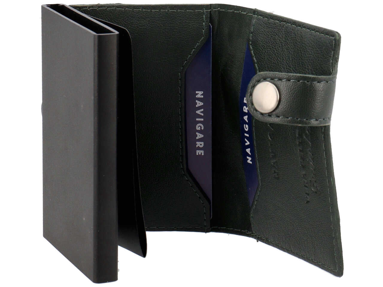 Portacarte rigido da uomo in pelle verde abete con bottone e inserto decorato, anticlonazione, contiene fino a 6 carte, 6x9,6 cm - Navigare