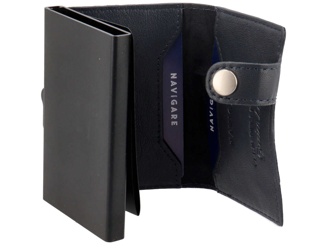 Portacarte rigido da uomo in pelle blu scuro con bottone e inserto decorato, anticlonazione, contiene fino a 6 carte, 6x9,6 cm - Navigare