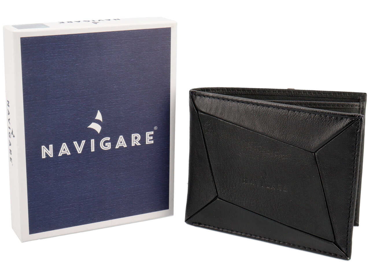 Portafoglio da uomo in pelle nero con lavorazione geometrica, portamonete e portacarte, 10x12 cm - Navigare