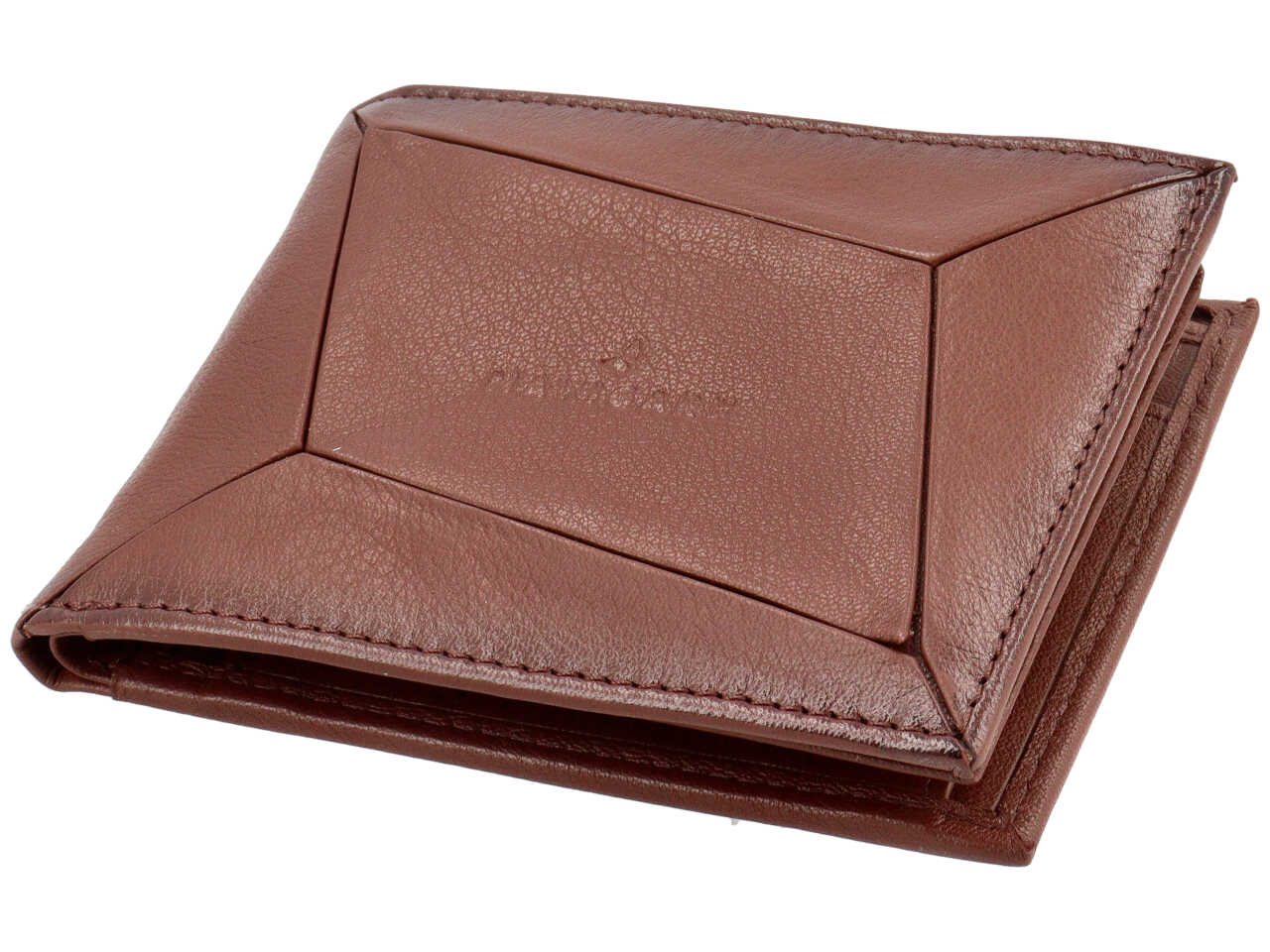 Portafoglio da uomo in pelle tabacco con lavorazione geometrica, portamonete e portacarte, 10x12 cm - Navigare