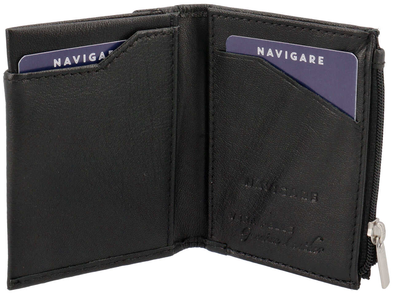 Portafoglio slim da uomo in pelle nero con lavorazione geometrica, portamonete e portacarte, 7,5x10 cm - Navigare