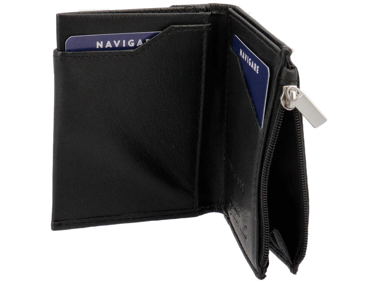 Portafoglio slim da uomo in pelle nero con lavorazione geometrica, portamonete e portacarte, 7,5x10 cm - Navigare