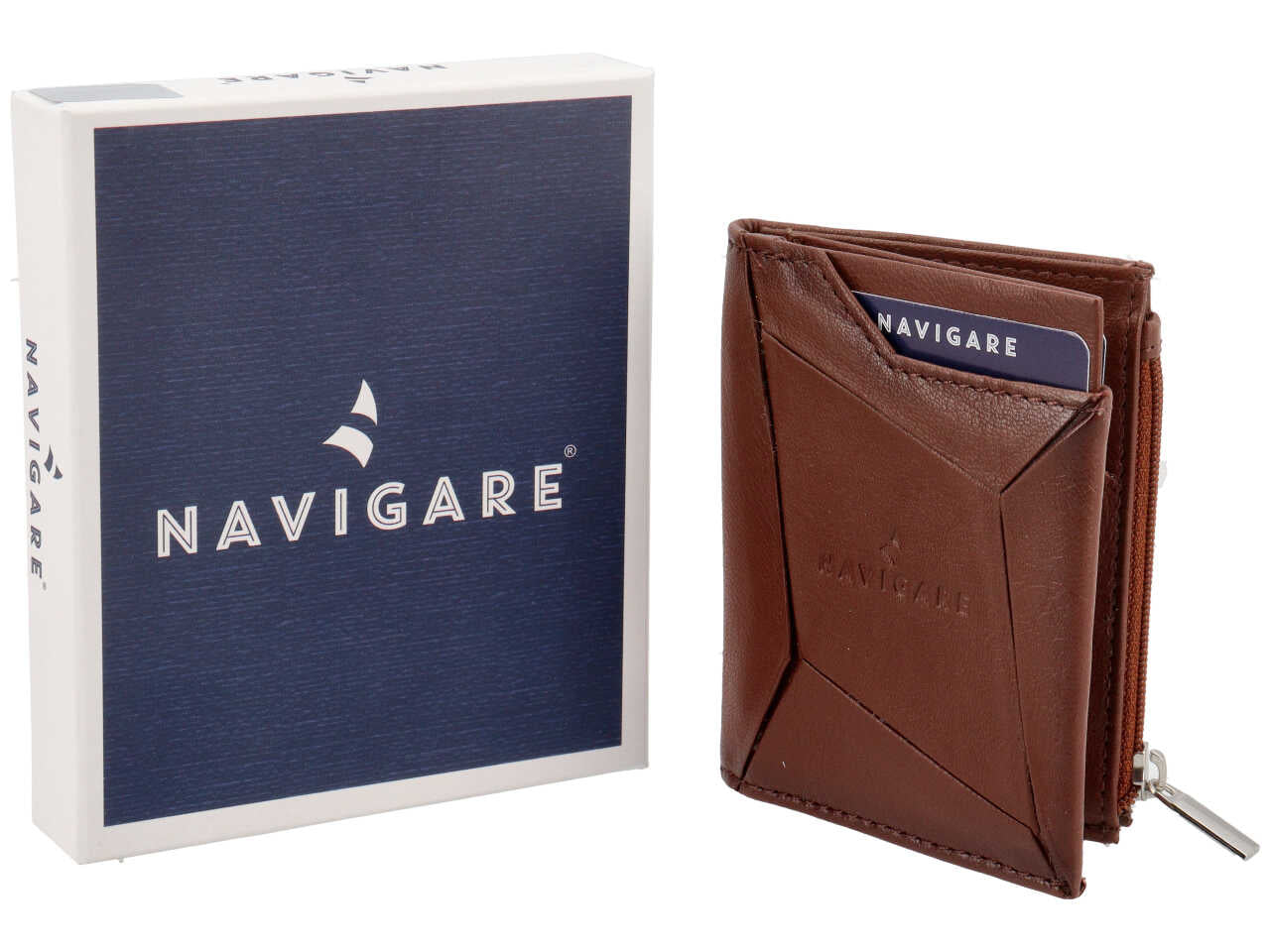 Portafoglio slim da uomo in pelle tabacco con lavorazione geometrica, portamonete e portacarte, 7,5x10 cm - Navigare