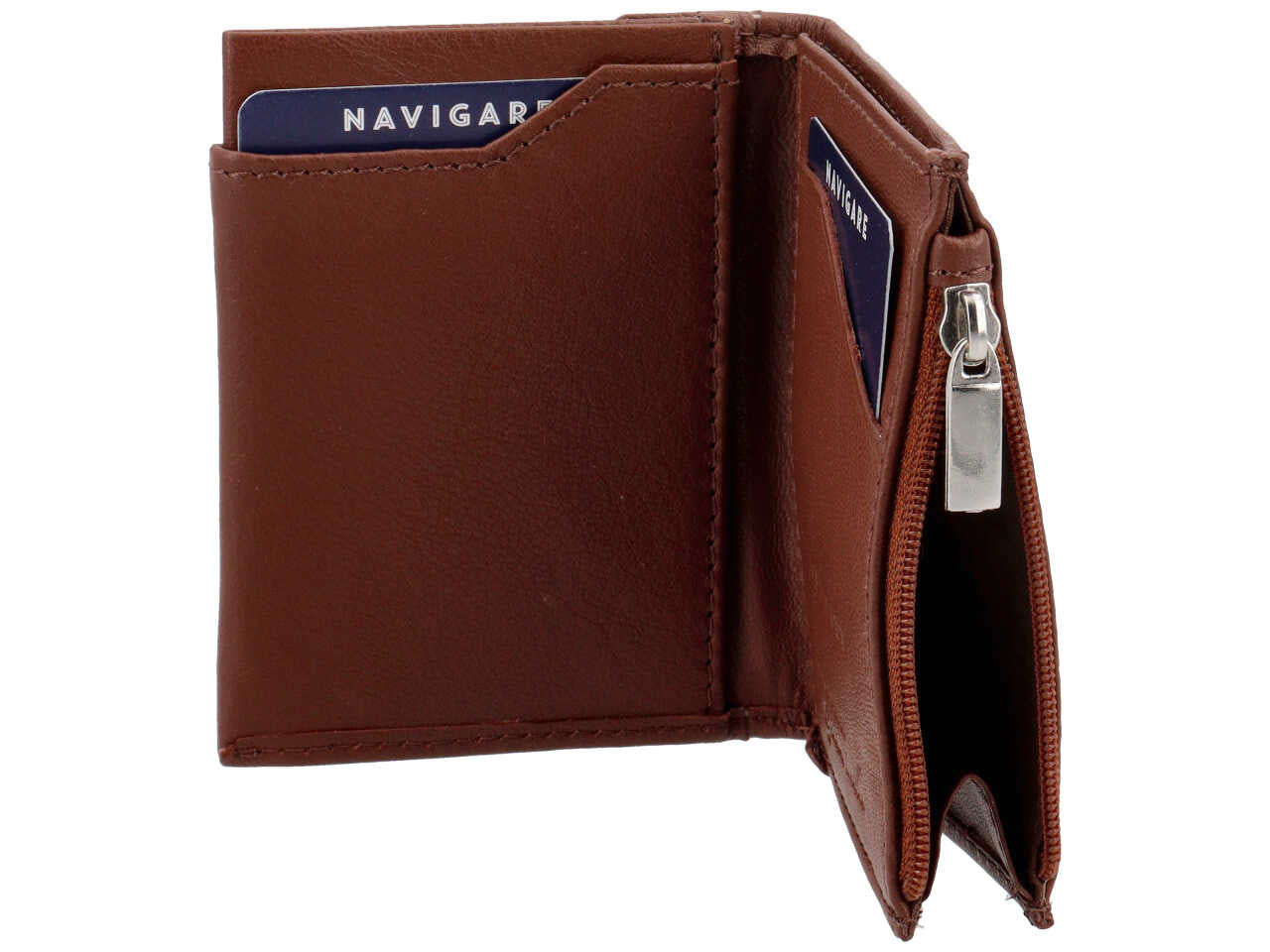 Portafoglio slim da uomo in pelle tabacco con lavorazione geometrica, portamonete e portacarte, 7,5x10 cm - Navigare